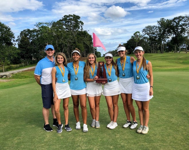 Ponte Vedra won the Region 2-2A girls golf tournament on Monday afternoon. From left to right: Coach Clint Finlay, Jordan Barnett, Kayleigh Baker, Megan Burke, Ashley Burke, Ashlan Tresca and Reni Jancsik. [CONTRIBUTED]