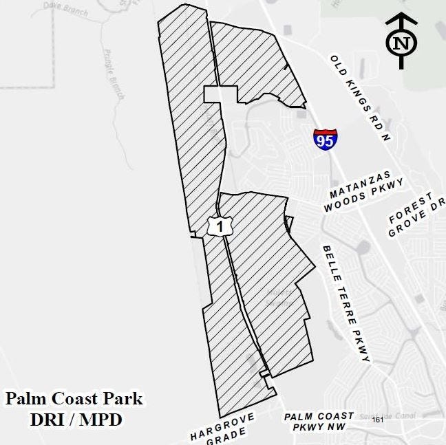Graphic shows the long-proposed Palm Coast Park, which covers about 4,700 acres, or nearly 7.5 square miles, on both sides of U.S. 1 for about 3½ miles from Hargrove Grade, just north of Palm Coast Parkway, south to Old Kings Road near the city’s northern boundary. [City of Palm Coast]