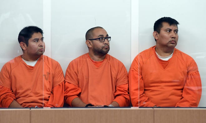 From left, Agustin Morales Castro, Bonifacio Castro Morales and Pedro Castro Morales during a previous arraignment. [CALIXTRO ROMIAS/RECORD FILE 2018]