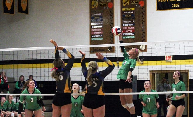 Wethersfield’s Brittney Litton (5) gets above the net for one of her match-high 13 kills during Tuesday’s win over Galva.