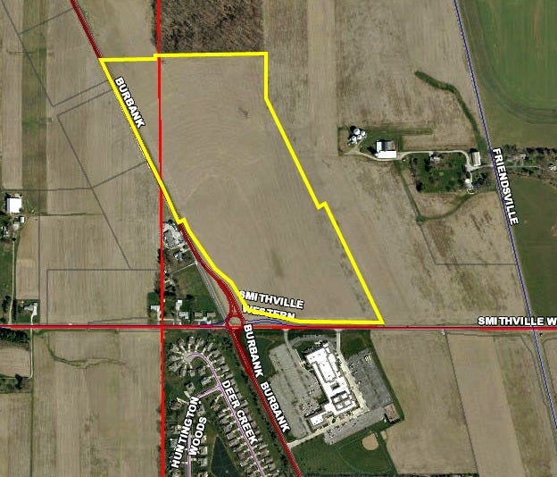 The 53-acre area outlined in yellow is at the northeast corner of Burbank and Smithville-Western roads and has been recommended to Wooster City Council for a rezoning from agricultural to commercial.