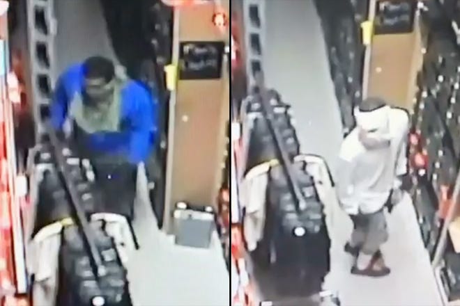 These images from surveillance video show two burglars in the Foot Locker in the Paddock Mall on Oct. 14. [Video courtesy of OPD]