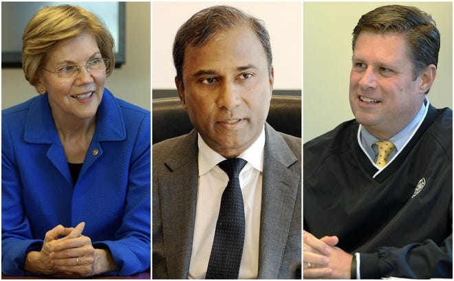 Massachusetts Sen. Elizabeth Warren and challengers, independent candidate Shiva Ayyadurai, center, and Republican Geoff Diehl met with GateHouse Media editors and reporters on Thursday at the Worcester Telegram. (Rick Cinclair/Worcester Telegram)