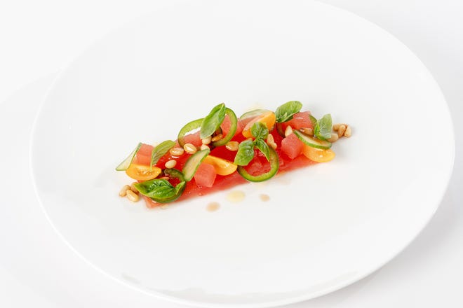 Though the vegan dinner menu has not been finalized yet, but Chef Tom Whitaker is considering including among the courses a sashimi-style watermelon dish. [Photo by Bill Barbosa Photography, courtesy of The Colony]