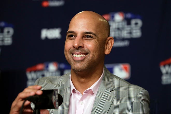 Sox manager Alex Cora smiles as he answers questions from reporters on Thursday in Los Angeles ahead of Game 3 of the World Series on Friday.
