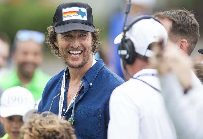 Matthew McConaughey laughs while watching players warmup before the final round at the Dell Technologies Match Play golf tournament in Austin, Texas, on Sunday, March 25, 2018. NICK WAGNER / AMERICAN-STATESMAN