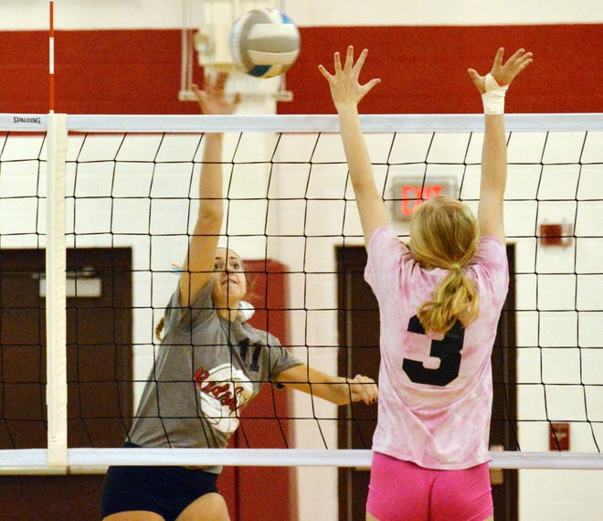 C-F´s Brooklynn Gravel (11) goes for a kil during Thursday´s match at Litchfield.(SAM FRY PHOTO)