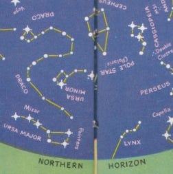 This star map shows the circumpolar constellations as seen in early evenings in mid-autumn, from about 41 degrees north latitude, which include northeastern Pennsylvania. The Big Dipper, seen at bottom, is part of the constellation Ursa Major. [pachamamatrust.org]
