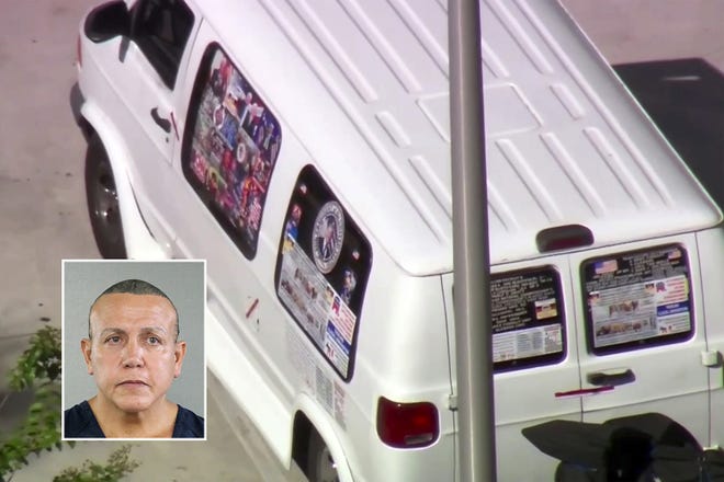 This frame grab from video provided by WPLG-TV shows a van parked in Plantation on Friday that federal agents and police officers have been examining in connection with package bombs that were sent to high-profile critics of President Donald Trump. The suspect in the case is Cesar Sayoc, 56, inset photo. [WPLG-TV via AP]
