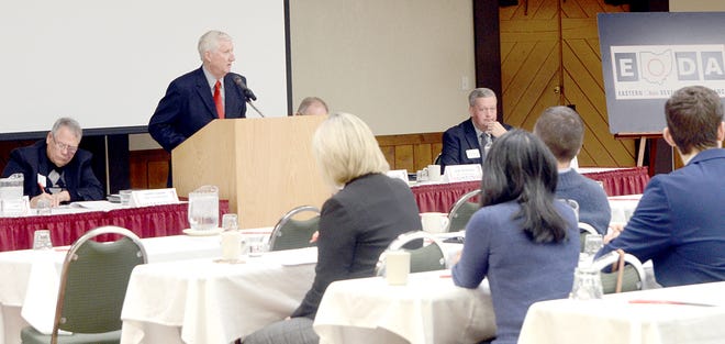 Eastern Ohio Development Alliance executive director Jim Schoch speaks during the EODA 6th Congressional District Candidates question and answer session Friday morning at Salt Fork Lodge.