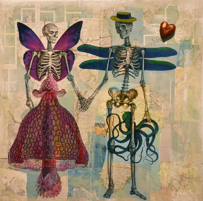 "The Dandy Couple," a digital print with collage and acrylic on wood, was created by artist Becky Hawley. It can be viewed Friday during First Friday Art Trail at the Buddy Holly Center.