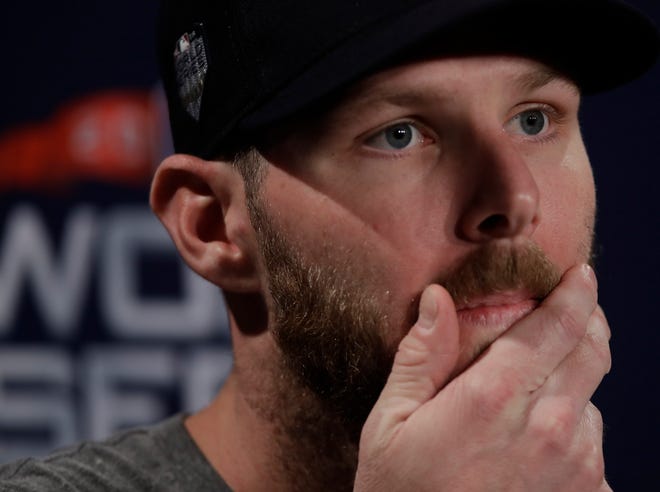 Boston Red Sox's Chris Sale answers questions for the World Series baseball game Monday, Oct. 22, 2018, in Boston.The Red Sox play the Los Angeles Dodgers in Game 1 on Tuesday, Oct. 23, 2018. (AP Photo/Charles Krupa)