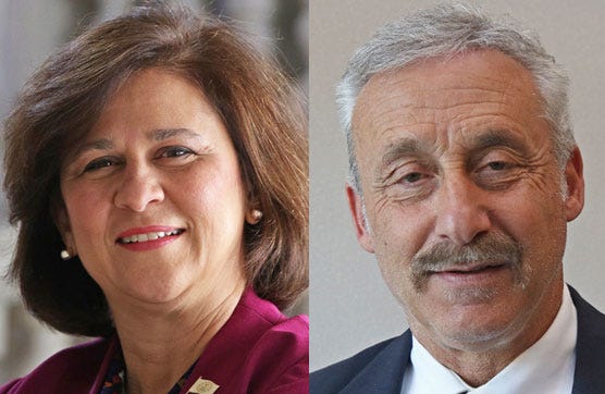 Incumbent Secretary of State Nellie Gorbea, left; Pat Cortellessa, Republican candidate for secretary of state, right. [Providence Journal photos / Steve Szydlowski]