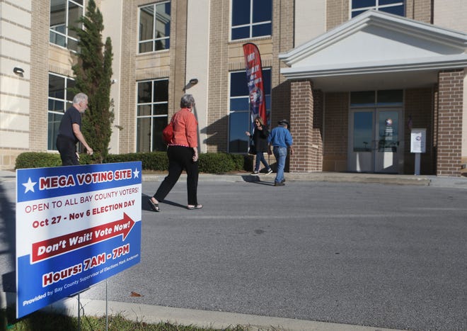 Early voters walk to their polling station on Oct.27 near the Supervisor of Election Office. [Patti Blake/The News Herald]