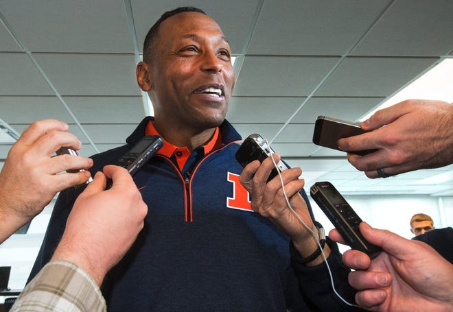 Hardy Nickerson, the University of Illinois defensive coordinator, speaks with the media at an NCAA college football press conference where coach Lovie Smith introduced him, Tuesday, March 29, 2016, at Memorial Stadium in Champaign, Ill. (Robin Scholz/The News-Gazette via AP)
