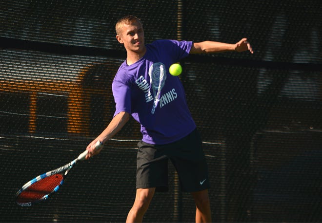 Canyon's Asher Melton delivers a forehand earlier this season. The Eagles open the UIL Class 4A state team tennis tournament at 8 a.m. today in College Station. [Daniel Youngblood/ For the Amarillo Globe-News]