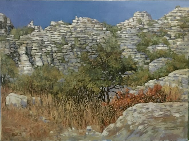 “Great Rocks of Nature,” an oil painting by Paul Noel, is offered in the NHAA Silent Auction running now through Nov. 16. [Courtesy photo]