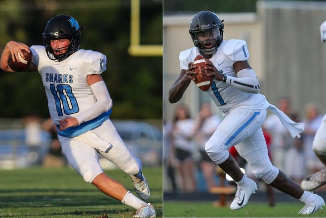 Quarterbacks Jack Murrah (10) and Cobi Myers (1) helped spark Ponte Vedra in last week's 42-13 win against Bolles, which tied for the heaviest local win against Bolles in this century. [Gary Lloyd McCullough/For the St. Augustine Record]