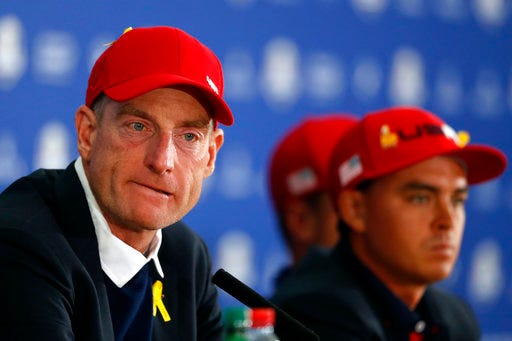 FILE - In this Sept. 30, 2018, file photo, U.S. team captain Jim Furyk attends the press conference of the losing team after Europe won the 2018 Ryder Cup golf tournament at Le Golf National in Saint Quentin-en-Yvelines, outside Paris, France. Furyk plays in Las Vegas this week, his first competition since the Ryder Cup.(AP Photo/Alastair Grant)