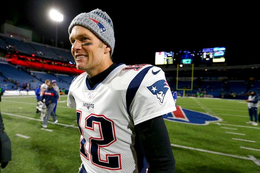 New England Patriots quarterback Tom Brady leaves the field after an NFL football game against the Buffalo Bills, Monday, Oct. 29, 2018, in Orchard Park, N.Y. The Patriots won 25-6. (AP Photo/Jeffrey T. Barnes)