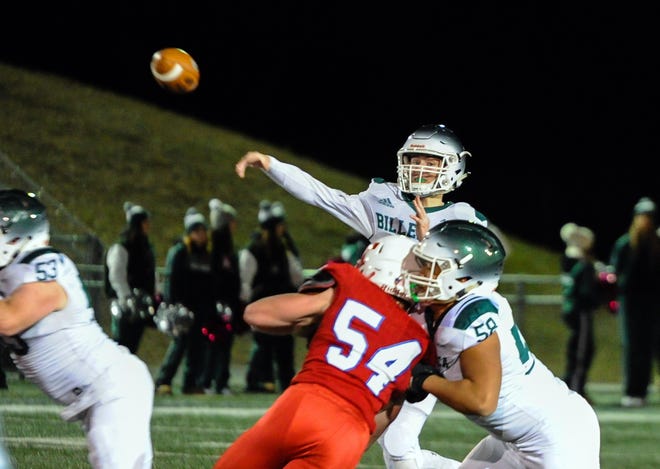 Billerica junior quarterback Nolan Houlihan makes a pass during the North Division 3 quarterfinals game against Tewksbury at Simonian Alumni Stadium in Chelmsford, Oct. 26, 2018. The Redmen beat the Indians, 35-6. [Wicked Local Photo/James Jesson]