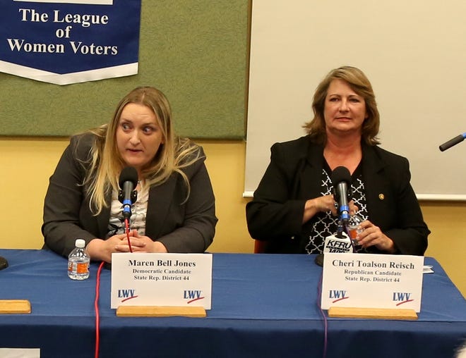 Democratic legislative candidate Maren Bell Jones, left, speaks during a League of Women Voters forum Oct. 24 at the Columbia Public Library. Jones is running against Rep. Cheri Toalson Reisch, R-Hallsville, right, in the 44th Missouri House District. [Hunter Dyke/Tribune]