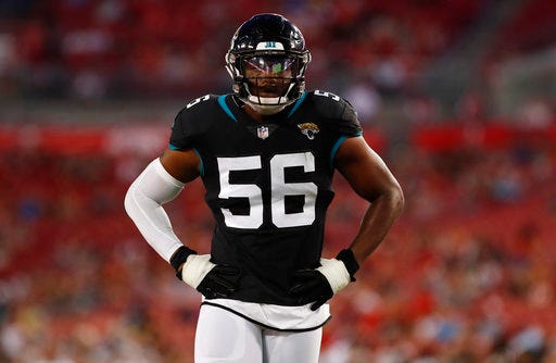 FILE - In this Thursday, Aug. 30, 2018 file photo, Jacksonville Jaguars defensive end Dante Fowler (56) during the first half of an NFL preseason football game against the Tampa Bay Buccaneers in Tampa, Fla. Dante Fowler is headed to an actual Super Bowl contender. The slumping Jacksonville Jaguars traded the fourth-year pro and 2015 first-round pick to the undefeated Los Angeles Rams just before the NFL trading deadline Tuesday, Oct. 30, 2018. (AP Photo/Mark LoMoglio, File)