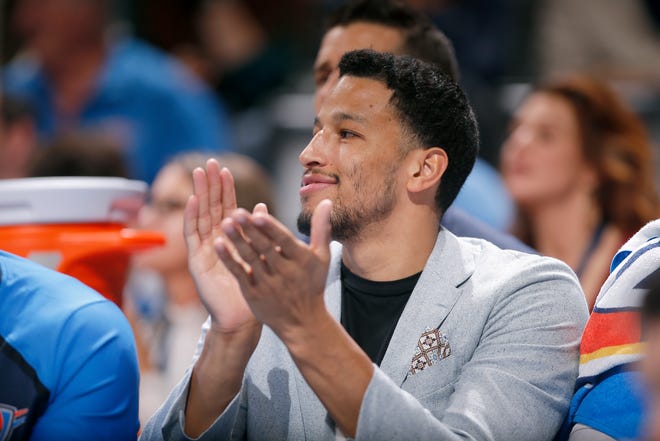 Oklahoma City's Andre Roberson (21) cheers from the bench during the NBA game between the Oklahoma City Thunder and the LA Clippers at the Chesapeake Energy Arena, Tuesday, Oct. 30, 2018. OSU won 38-35. Photo by Sarah Phipps, The Oklahoman