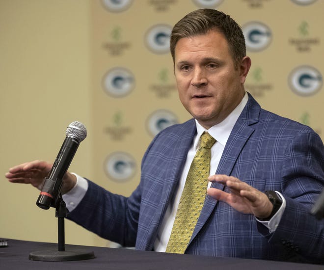 Green Bay Packers NFL football team general manager Brian Gutekunst gestures while speaking at an introductory news conference in Green Bay, Wis. on Jan. 8, 2018. In dealing Ha Ha Clinton-Dix and Ty Montgomery, the Packers traded away two players who spoke out in recent weeks in varying degrees about their respective futures with the team. What happens on the field always comes first, general manager Brian Gutekunst said on Wednesday, Oct. 31, though other factors aren't ignored either. [MIKE ROEMER/THE ASSOCIATED PRESS]