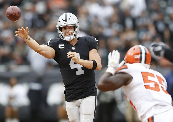 Oakland quarterback Derek Carr and his team will play against the 49ers tonight in a game being broadcast by the NFL Channel and Fox. [D. Ross Cameron/Associated Press]