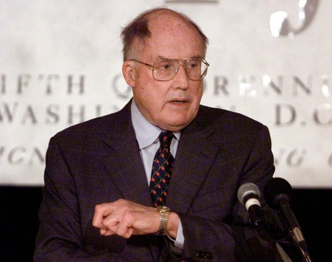 FILE - In this May 8, 2001 file photo, Chief Justice of the United States William Rehnquist addresses a meeting of the Federal Justices Association in Arlington, Va.  NPR’s “Morning Edition” reports author Evan Thomas found Rehnquist’s letter to Sandra Day O’Connor while researching his upcoming book, “First.” The two dated while students at Stanford Law School in the early 1950s. They had broken up, but remained friends. Rehnquist graduated and in a March 29 letter, wrote: "To be specific, Sandy, will you marry me this summer?" She said no. (AP Photo/Hillery Smith Garrison, File)