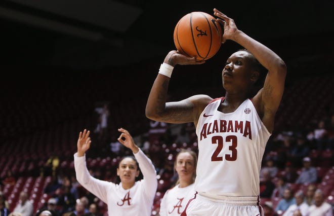Alabama forward Shaquera Wade (23) shoots the ball during a third-round game in the Women's National Invitation Tournament against Georgia Tech at Coleman Coliseum on Thursday, March 22, 2018. Alabama defeated Georgia Tech 61-59. [File photo