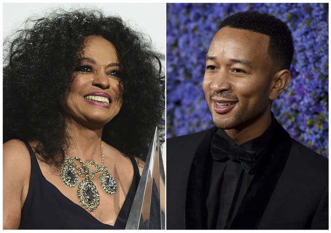 This combination photo shows Diana Ross at the American Music Awards in Los Angeles on Nov. 19, 2017, left, and John Legend at Caruso's Palisades Village opening gala in Los Angeles on Sept. 20, 2018. Ross and Legend will be among the stars celebrating at Macy's Thanksgiving Day Parade in New York City on Nov. 22. (AP Photo)