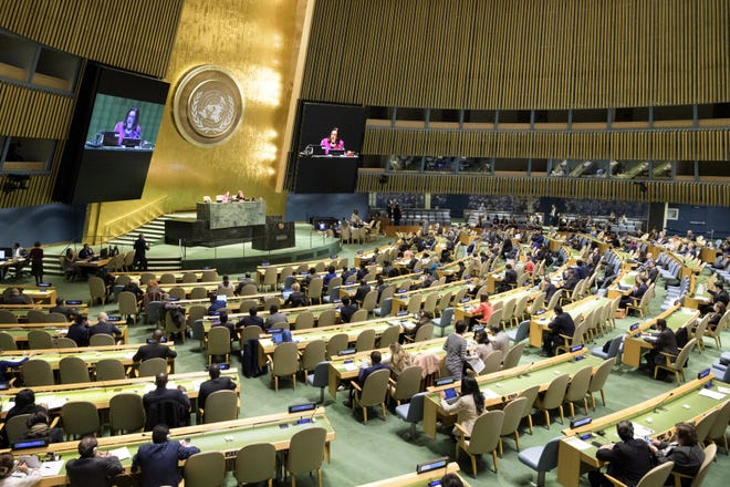 The United Nations General Assembly meets, Thursday, Nov. 1, 2018 at U.N. headquarters. The General Assembly has overwhelming approved a resolution condemning the American economic embargo of Cuba after rejecting proposed U.S. amendments strongly criticizing the lack of human rights in the island country. (Manuel Elias/United Nations via AP)