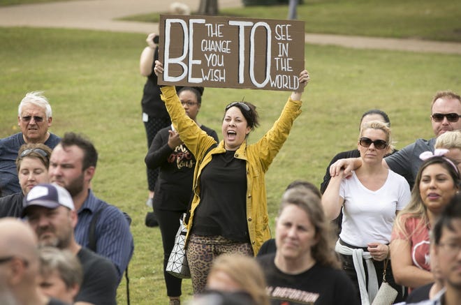 Beto O'Rourke supporters listen to him speak Wednesday at a rally at Mueller Lake Park. [JAY JANNER/AMERICAN-STATESMAN]
