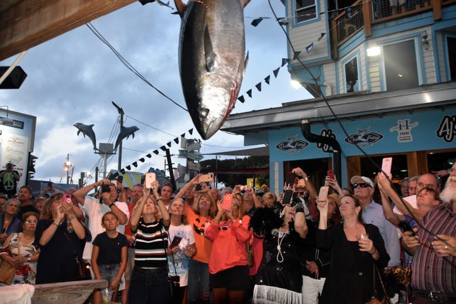 It didn't take long for the phones and cameras to come out as a huge yellowfin tuna was hoisted on the scales at the Destin Fishing Rodeo. [TINA HARBUCK/THE LOG]