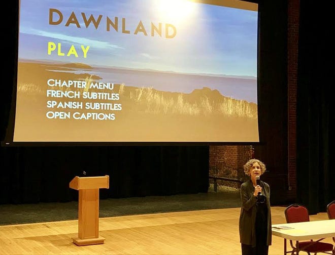 Mishy Lesser, learning director for the Upstander Project, which produced "Dawnland,” speaks during the viewing event on Saturday for the new documentary film at the Kittery Community Center. [Hadley Barndollar photo]