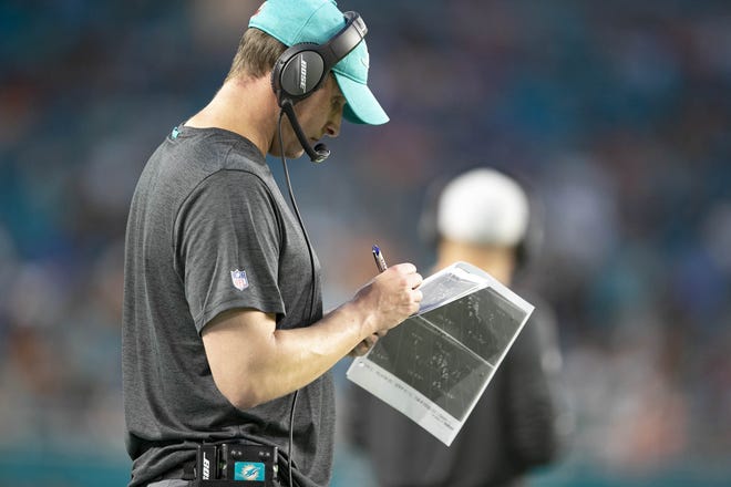 Miami Dolphins head coach Adam Gase finds himself in familiar territory with a .500 record midway through the season. [ALLEN EYESTONE /palmbeachpost.com]