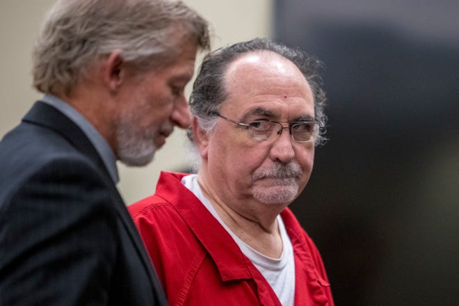 Wendell Popejoy, right, stands next to defense attorney Jeffrey Kortes during his sentencing at the Ottawa County Courthouse in Grand Haven, Mich., on Monday, Nov. 5, 2018. Popejoy was convicted of murder in the Dec. 26, 2017, killing of his neighbor, Sheila Bonge, in Crockery Township. Bonge was shot while she was snowblowing an easement that she, Popejoy and another neighbor used to get to their driveways. (Cory Morse/The Grand Rapids Press via AP)