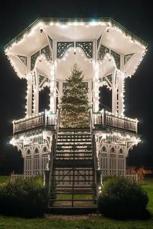 The gazebo at Genesee Country Village & Museum decked out with holiday lights. [FLICKNER PHOTO]