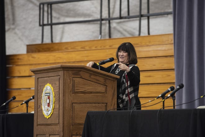 Audrey Miller, Dr. Neil Capretto's sister, talks about her twin brother at the fifth annual Beaver County Town Hall Meeting. The theme for this meeting was Beyond the Opioid Crisis. Miller talked about her brother and how he had a significant impact in helping his patients succeed. [Gwen Titley/ECL staff]