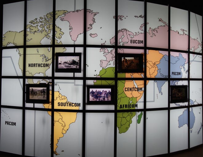 An illuminated wall at the Airborne & Special Operations Museum shows U.S. Special Forces missions around the world, Fayetteville, North Carolina. [Steve Stephens]