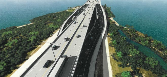 A rendering shows the possible design of an elevated "flyover" for U.S. 41-301 in Palmetto intended to separate local and through traffic. The Florida Department of Transportation suggested the idea as part of the future replacement of the Desoto Bridge RENDERING / FDOT