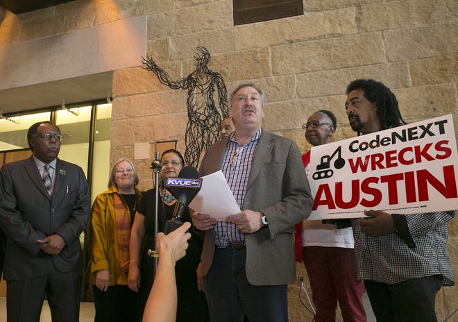 Austin attorney Fred Lewis addresses the media on March 29, 2018, after the filing the petition that led to Proposition J. The proposition came about after an anti-CodeNext campaign from Lewis and several other advocates. It calls for voter approval of any comprehensive rewrite to Austin's land use code.

RALPH BARRERA / AMERICAN-STATESMANSTATESMAN