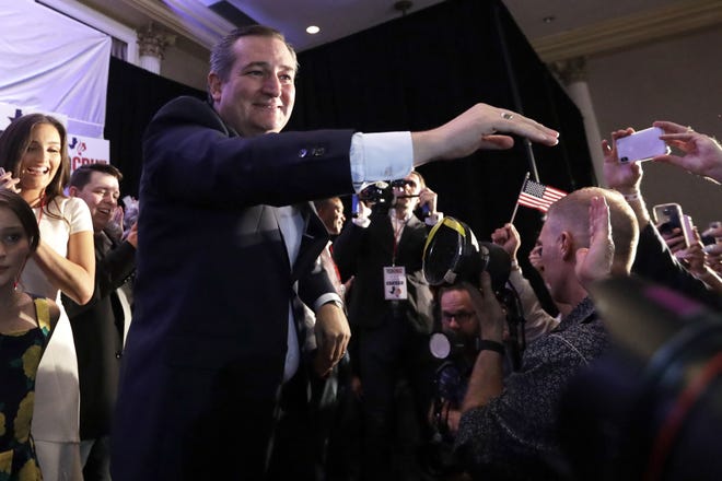 Sen. Ted Cruz, R-Texas, greets supporters at his election night party late Tuesday in Houston, after winning re-election over challenger U.S. Rep. Beto O'Rourke, D-El Paso. [David J. Phillip/Associated Press]