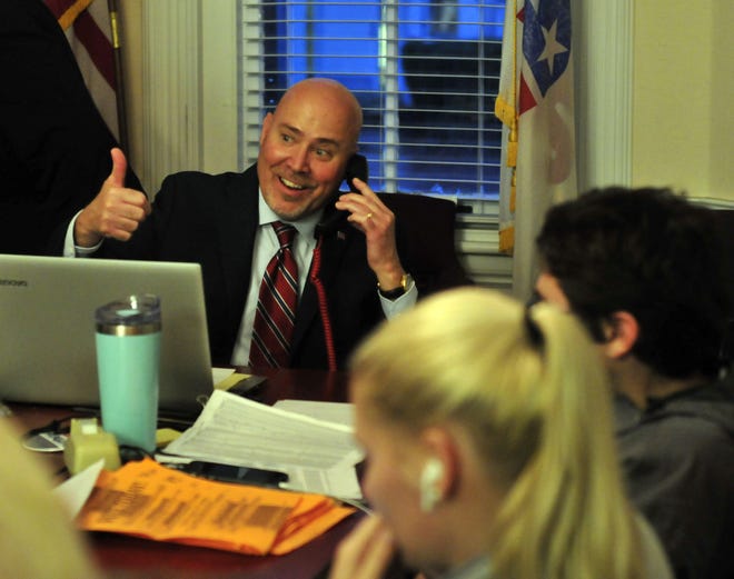 Congressman Tom MacArthur gives a thumbs-up to volunteers at Burlington County Republican headquarters in Mount Holly on Election Day. [SCOTT ANDERSON / PHOTOJOURNALIST]