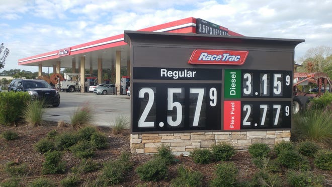 Regular gasoline was selling for $2.57 a gallon Monday morning at the RaceTrac at the corner of Tomoka Farms Road and West International Speedway Boulevard in Daytona Beach. AAA reports that gasoline prices in Florida have declined to a seven-month low. [News-Journal/Jim Abbott]