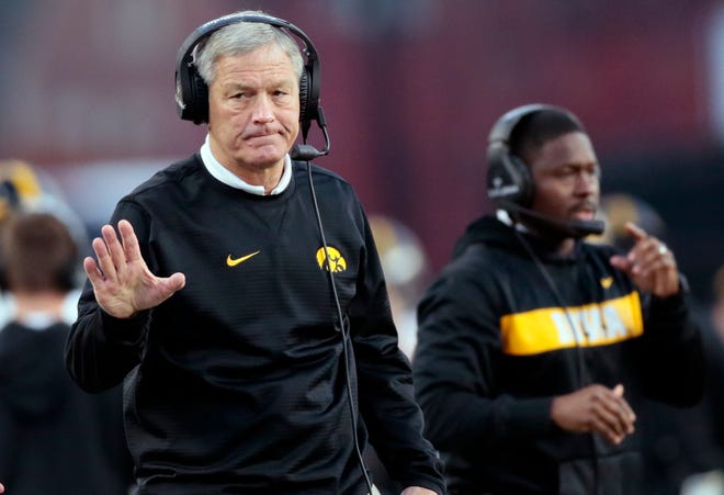 Iowa coach Kirk Ferentz gestures during last Saturday's loss at Purdue. The Hawkeyes entered the season’s midway point looking like the most skilled team in the Big Ten West. Two straight brutal road losses have left them playing for pride and a decent bowl game. [AJ Mast/The Associated Press]