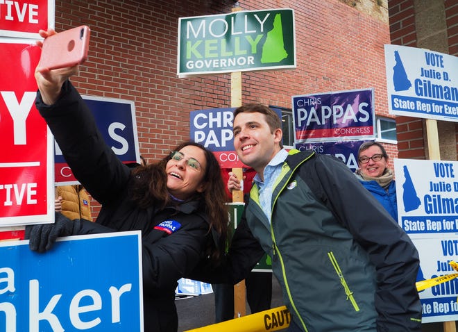 Democratic congressional candidate Chris Pappas stops to take a selfie with Simonida Thurber Tuesday, at the polls in Exeter.
[Rich Beauchesne/Seacoastonline]