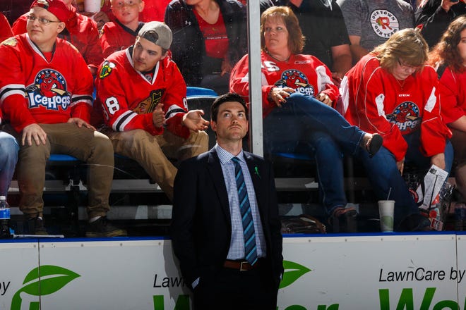 Jeremy Colliton, seen here on the Rockford IceHogs bench, was promoted to the Chicago Blackhawks head coaching position Tuesday, Nov. 6, 2018. Colliton, 33, is now the youngest head coach in the NHL. [PHOTO PROVIDED BY THE ROCKFORD ICEHOGS]